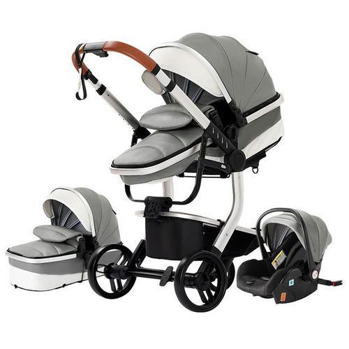 Poussette 3 En 1 Bébé Combinée Siège-Auto Nacelle Trio Réversible Cuir Pu Roues Increvables Canne Gris.