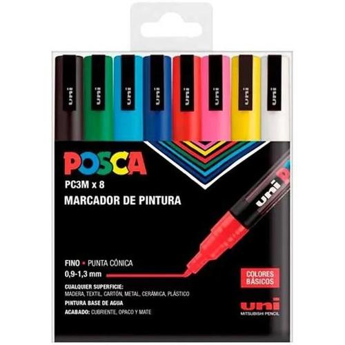 Uniball Marker Posca Pc-3m/8c Non-Permanent Pointe Fine 0.9mm-1.3mm Couleurs Assorties Basic -Case 8u-.