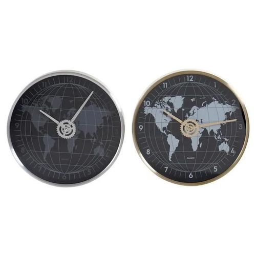 horloge murale 30 x 4,3 x 30 cm verre argenté noir doré aluminium mappemonde (2 unités) - Couleur:BEIGE
