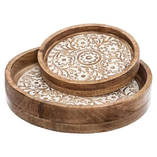 Plateaux ronds sculptés et blanchis en Manguier - Atmosphera - Lot de 2 - D 35.5 et D 25.5 cm