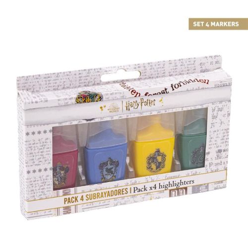 Lot De 4 Surligneurs Harry Potter - Format Mini - En Rouge, Bleu, Jaune Et Vert - Avec Dessins Pourlard - En Plastique Abs -