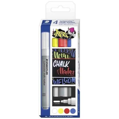 Marqueur À La Craie Chalk Marker - Staedtler - Étui De 4 - Blanc, Jaune, Rouge, Bleu - Pointe Ogive - Opaque