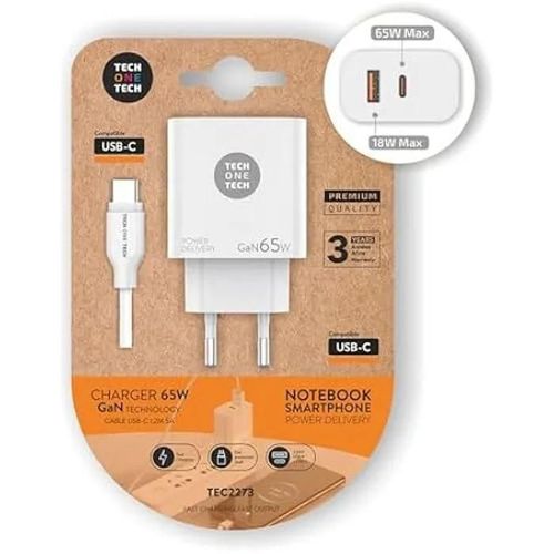 Chargeur Mural Tech One Tech Gan Pd Tec2273 / 1 X Usb Type-C / 1 X Usb / 65 W