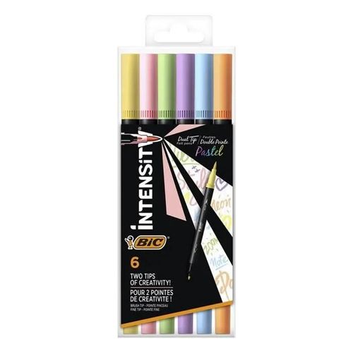 6 Feutres Bic Intensity Dual Tip Pastel Double Pointe Pinceau + Fine