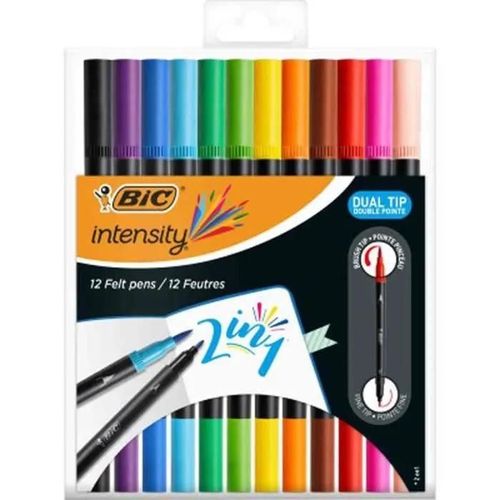 Bic Feutre Dual Brush, 2en1, Étui De 12, Couleurs Assorties