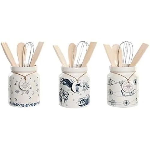 Pot À Ustensiles De Cuisine - Dkd Home Decor - Estándar - Métal Et Bois Mdf - Bleu Et Blanc