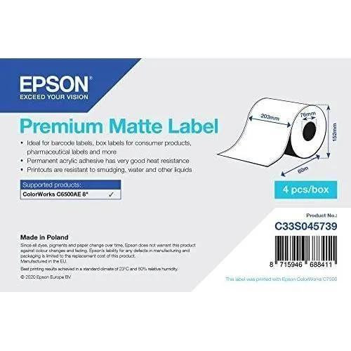 Epson Premium - Mat Lisse - Adhésif Permanent En Acrylique - Blanc Brillant - Rouleau (20,3 Cm X 60 M) 4 Rouleau(X) Étiquettes Continues - Pour Colorworks Cw-C6500ae, Cw-C6500pe