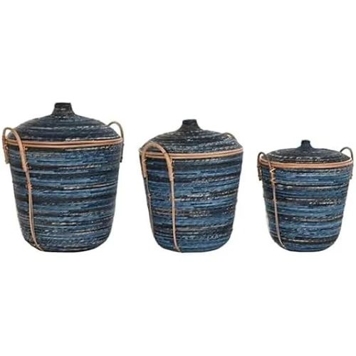 Jeu De Paniers - Dkd Home Decor - Rotin - Bleu Et Noir - 71 X 52 X 52 Cm