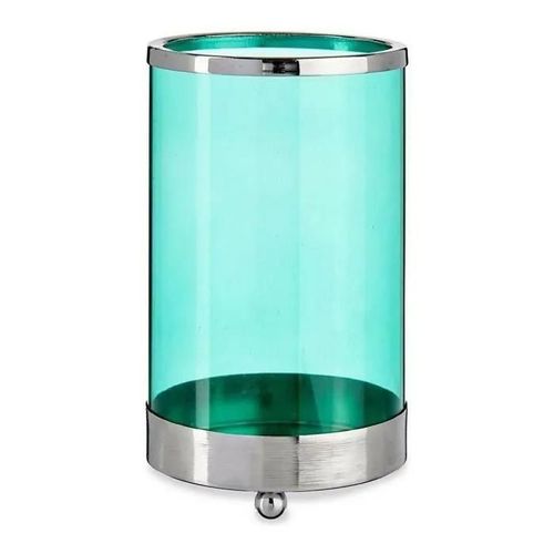 bougeoir argenté bleu cylindre métal verre (9,7 x 16,5 x 9,7 cm)