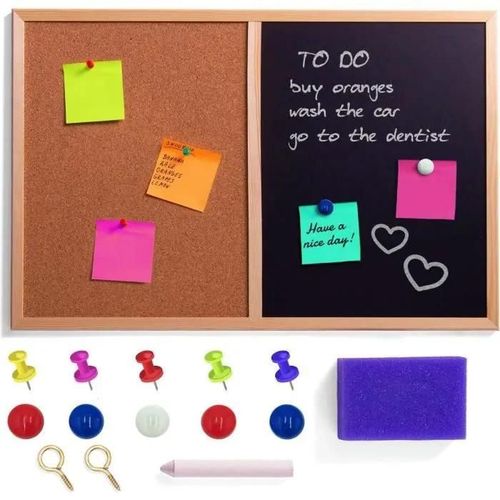 Tableau Liege Magnetique - 90 x 60 cm - et Craie Noir Ardoise - Cadre de Pin - Panneau pour Bureau