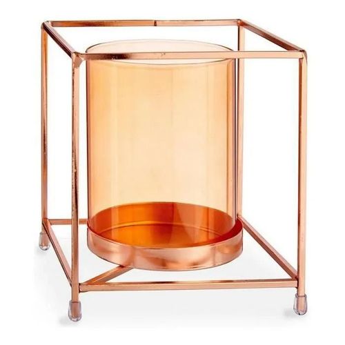 bougeoir carré cuivre ambre métal verre (14 x 15,5 x 14 cm)