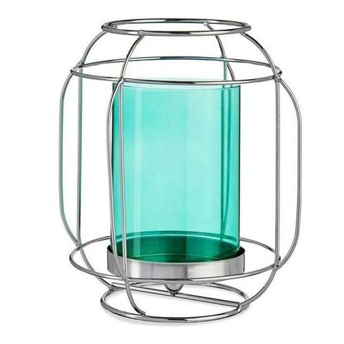 bougeoir argenté bleu lanterne métal verre (19 x 20 x 19 cm)
