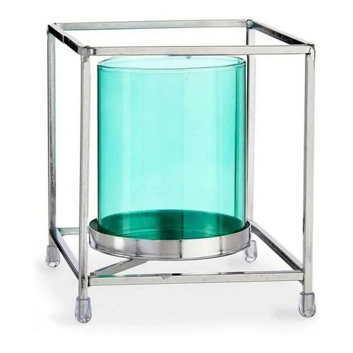 bougeoir carré argenté bleu métal verre (11,5 x 12,6 x 11,5 cm)