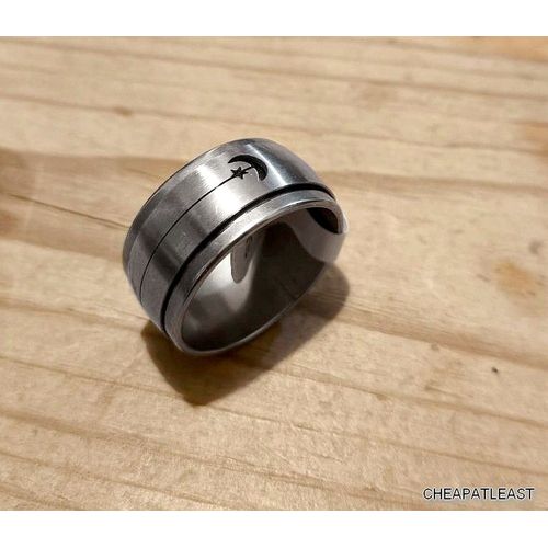 Bague Tournante Étoile & Lune - Anneau Large Bombé Anti-Stress - Découpe Laser -Acier / Inox - Taille 63 ( 20 Mm )