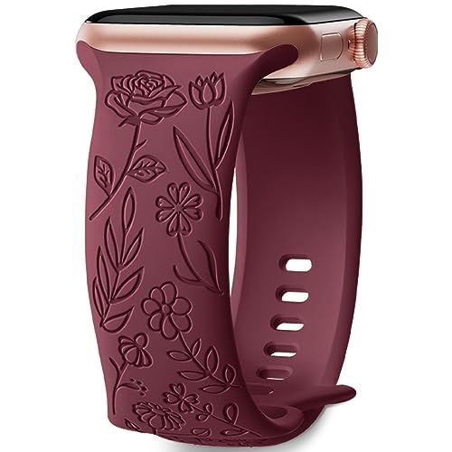 Bracelet Gravé Floral Compatible Avec Bracelet Apple Watch 38mm 40mm 41mm Femme, Bracelet En Silicone Souple À Motif De Fleurs Roses Elégantes Pour Iwatch Series 9 Se 8 7 6 5 4 3 2, Vin Rouge