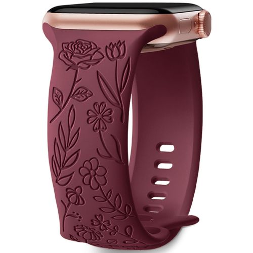 Bracelet Gravé Floral Compatible Avec Bracelet Apple Watch 42mm 44mm 45mm 49mm, Bracelet En Silicone Souple À Motif De Fleurs Roses Elégantes Pour Iwatch Series 9 Se 8 7 6 5 4 3 2, Vin Rouge