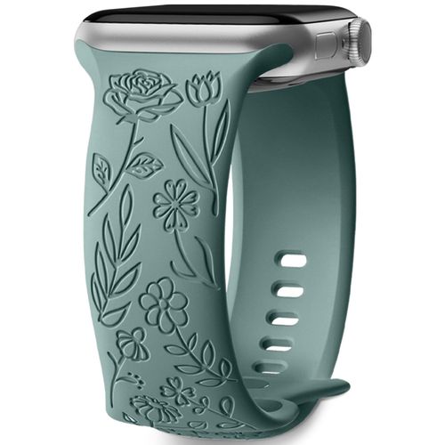Bracelet Gravé Floral Compatible Avec Bracelet Apple Watch 38mm 40mm 41mm Pour Femme, Bracelet En Silicone Souple À Motif De Fleurs Roses Elégantes Pour Iwatch Series 9 Se 8 7 6 5 4 3 2, Vert