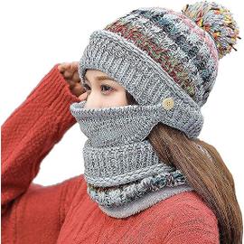 Bonnets d'hiver 2 en 1 pour femmes, écharpe en laine tricotée