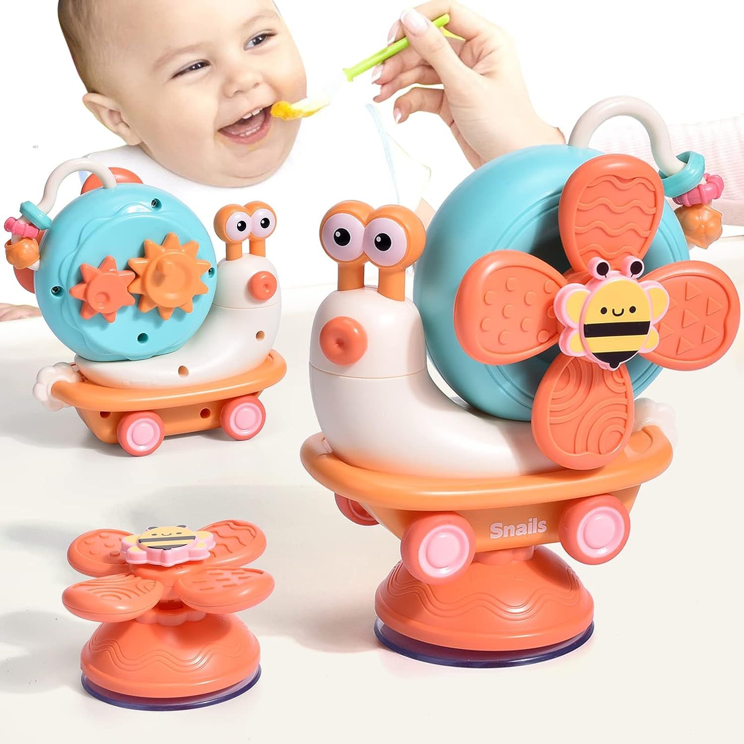 Jouet Escargot Baby Spinner Ventouse Chaise Haute Dès 6-12 Mois, Montessori Sensoriels Jouet Eveil Bebe 1er Age,Jouet Bain Bébé Cadeau(Orange)