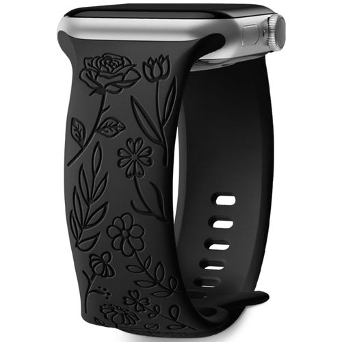 Bracelet Gravé Floral Compatible Avec Bracelet Apple Watch 42mm 44mm 45mm 49mm Femme, Bracelet En Silicone Souple À Motif De Fleurs Roses Elégantes Pour Iwatch Series 9 Se 8 7 6 5 4 3 2, Noir