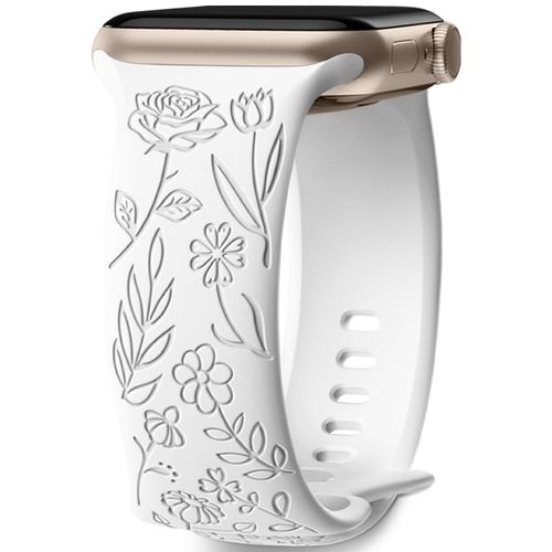 Bracelet Gravé Floral Compatible Avec Bracelet Apple Watch 38mm 40mm 41mm Pour Femme, Bracelet En Silicone Souple À Motif De Fleurs Roses Elégantes Pour Iwatch Series 9 Se 8 7 6 5 4 3 2, Blanc