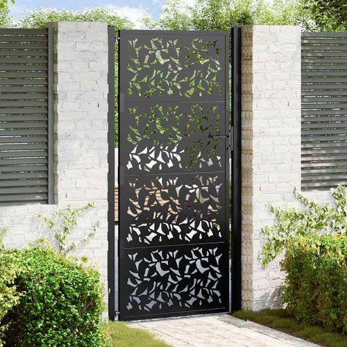 vidaXL Portail de jardin noir 105x205 cm acier conception de feuilles