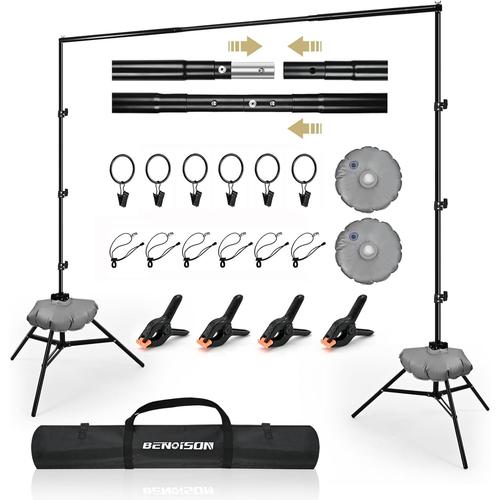 Support de Toile de Fond - 2,6x3m Rétractable Support Toile de Fond Réglable avec 10 Pinces & 2 Sac à Eau pour Studio Photo, Vidéo, Fête, Mariage