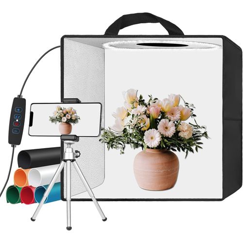Boîte à Lumière de Studio Photo, 30x30x30cm Mini Studio Photo Box Portable, Boîte de Tente Pliable avec 120 Lumières LED et 6 Couleurs de Fonds pour Photographie