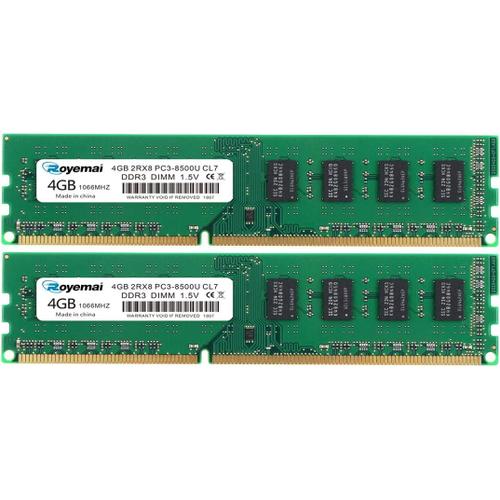 ROYEMAI Kit de mémoire RAM DDR3 8 Go (2 x 4 Go), PC3-8500 2Rx8 DDR3 1066 UDIMM pour Ordinateur de Bureau