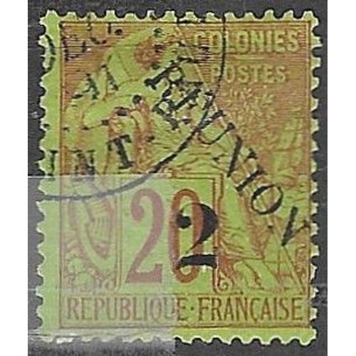 Ile De La Réunion, Colonie Française 1891, Beau Timbre Yvert 31, Type Alphée Dubois 20c. Brique Sur Vert Avec Double Surcharge, "Reunion" Et "2", Oblitéré, Tbe