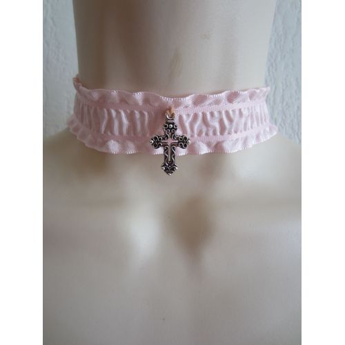 Collier Ras Cou Rose Avec Croix