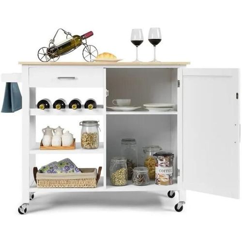 Costway Desserte/Chariot De Cuisine À Roulettes - 100 X 48 X 90 Cm - Îlot De Cuisine - Tiroir - Placard - Porte-Serviettes - Blanc