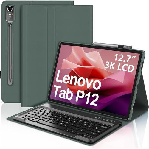 Coque Clavier Lenovo Tab P12 12.7 Pouces 2023, Détachable Azerty Français Clavier Étui Pour Tablette Lenovo Tab P12 12.7"" (Tb370fu), Vert Foncé