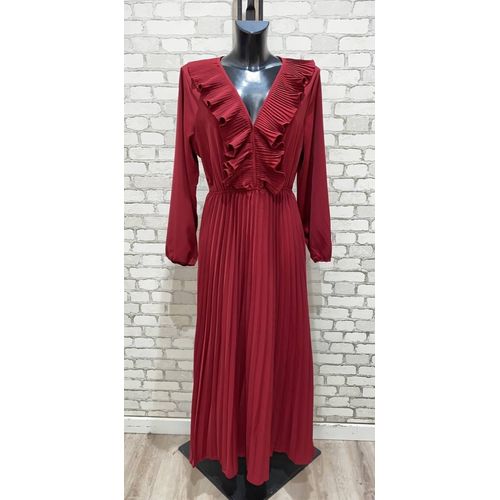 Robe Longue D'été Ou Cérémonie Bordeaux Manche Longue Bas Plissé Et Décolleté Froufrou Taille 36/38