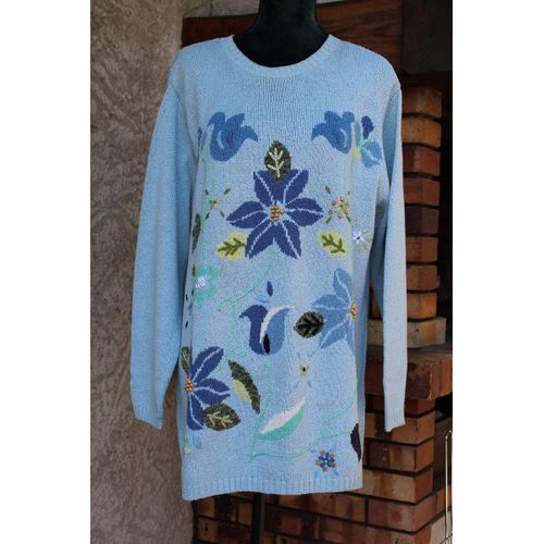 Pull Tunique Melda Rossi Imprimè À Fleurs Sur Fond Bleu Clair.Taille Unique.