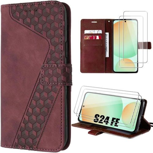Coque Pour Samsung Galaxy S24 Fe (Pas Pour S24) Avec 2 Verres Trempés, Cuir Pu Avec Porte-Cartes - Rouge - E.F.Connection