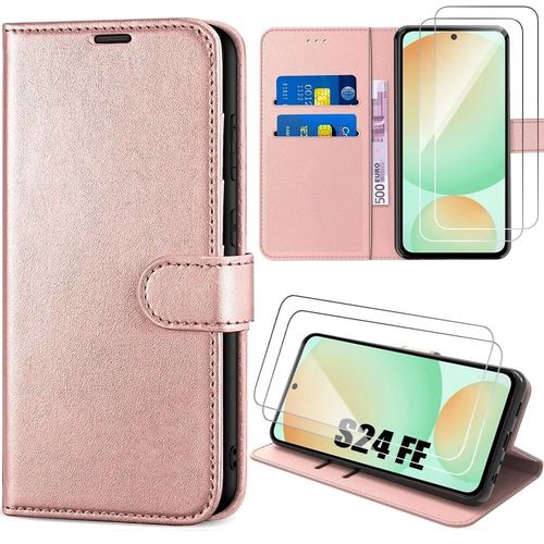 Coque Pour Samsung Galaxy S24 Fe (Pas Pour S24) Avec 2 Verres Trempés, Protection Rabat Anti-Rayures Synthécuir - Rose - E.F.Connection