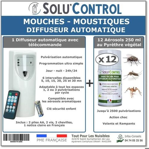 Kit Diffuseur Automatique avec Télécommande + 12 Aérosols Insecticide au Pyrèthre Végétal 250 ml - Anti-Mouches & Anti-Moustiques
