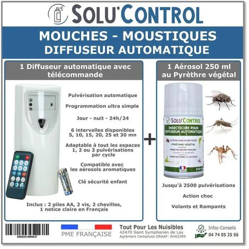 Kit Diffuseur Automatique avec Télécommande + 1 Aérosol Insecticide au Pyrèthre Végétal 250 ml - Anti-Mouches & Anti-Moustiques