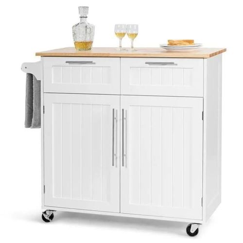Costway Desserte/Chariot De Cuisine À Roulettes - 94x45x94,5 Cm - 2 Tiroirs - 2 Portes - Porte-Serviettes - Ilot De Cuisine - Blanc