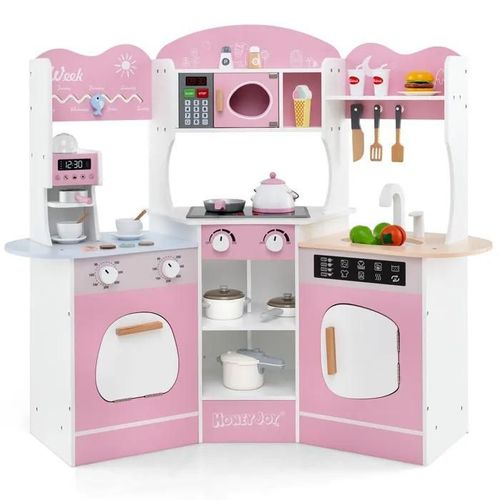 Costway Cuisine De Jeu D'angle En Bois Pour Enfants 3 Ans+, 18 Accessoires Avec Lumières Et Sons, Machine À Café, Micro-Ondes, Rose