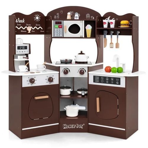 Costway Cuisine De Jeu D'angle En Bois Pour Enfants 3 Ans+, 18 Accessoires Avec Lumières & Sons, Machine À Café, Micro-Ondes, Marron