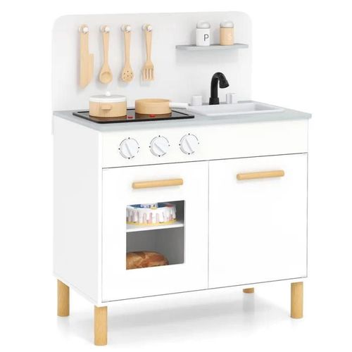 Costway Cuisine De Jeu En Bois Pour Enfants 3 Ans+, Avec Lumières & Sons, 10 Accessoires, Evier, Four, 55 X 31 X 75 Cm, Blanc