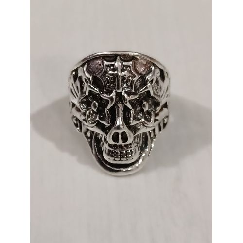 Bague Tête De Mort Avec Fleurs,Métal Argente,Taille 22