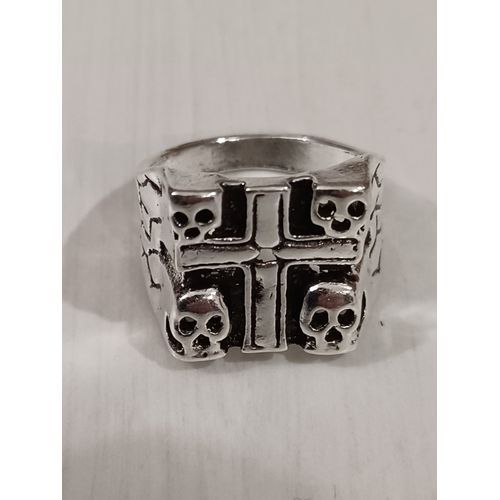 Bague Tête De Mort Et Croix , Chevalière Carré,Métal Argenté,Taille 21