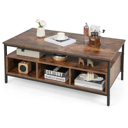 Table Basse Rectangulaire À 3 Niveaux Costway, Cadre Métallique, Étagère Ouverte, Rangement, Pour Salon Chambre, Marron Rustique