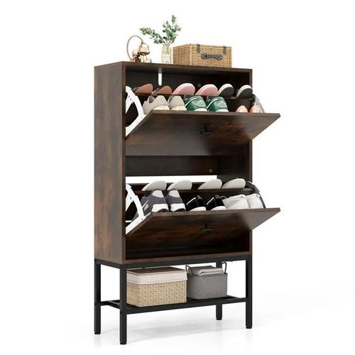 Costway Meuble A Chaussure 18 Paires, 2 Portes, Étagère Amovible Et Réglable, Kit Anti-Basculement, Pour L¿Entrée, Marron
