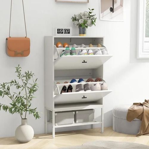 Costway Meuble A Chaussure 18 Paires, 2 Portes, Étagère Amovible Et Réglable, Kit Anti-Basculement, Pour L¿Entrée, Blanc