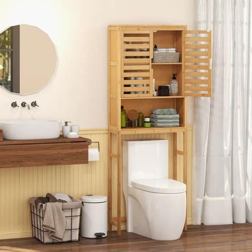 Costway Meuble Wc Au-Dessus Des Toilettes En Bambou Avec Placard À 2 Portes, Étagère Ouverte, Pour Salle De Bain, 62 X 23 X 170 Cm
