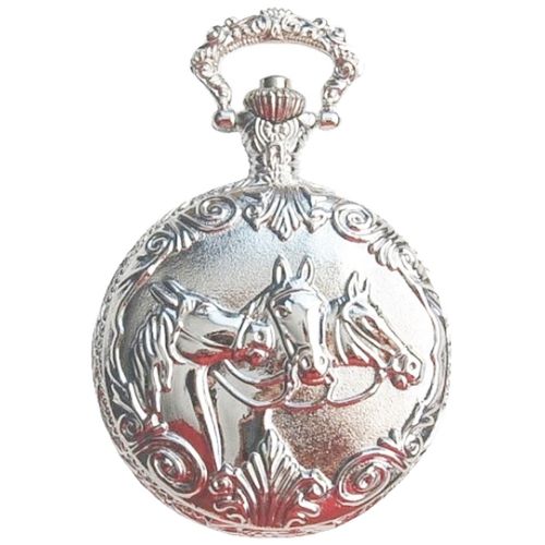 Montre Gousset Cheval Clapet Motif 3 Têtes Chevaux Métal Coloris Argent